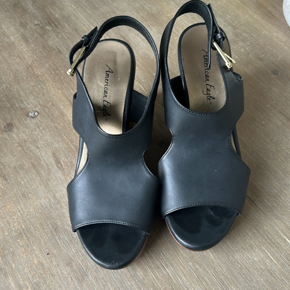 American Eagle Open Toe Faux Wood Wedge Buckle Platform Sandals Black Size 9.5 - Picture 9 of 16